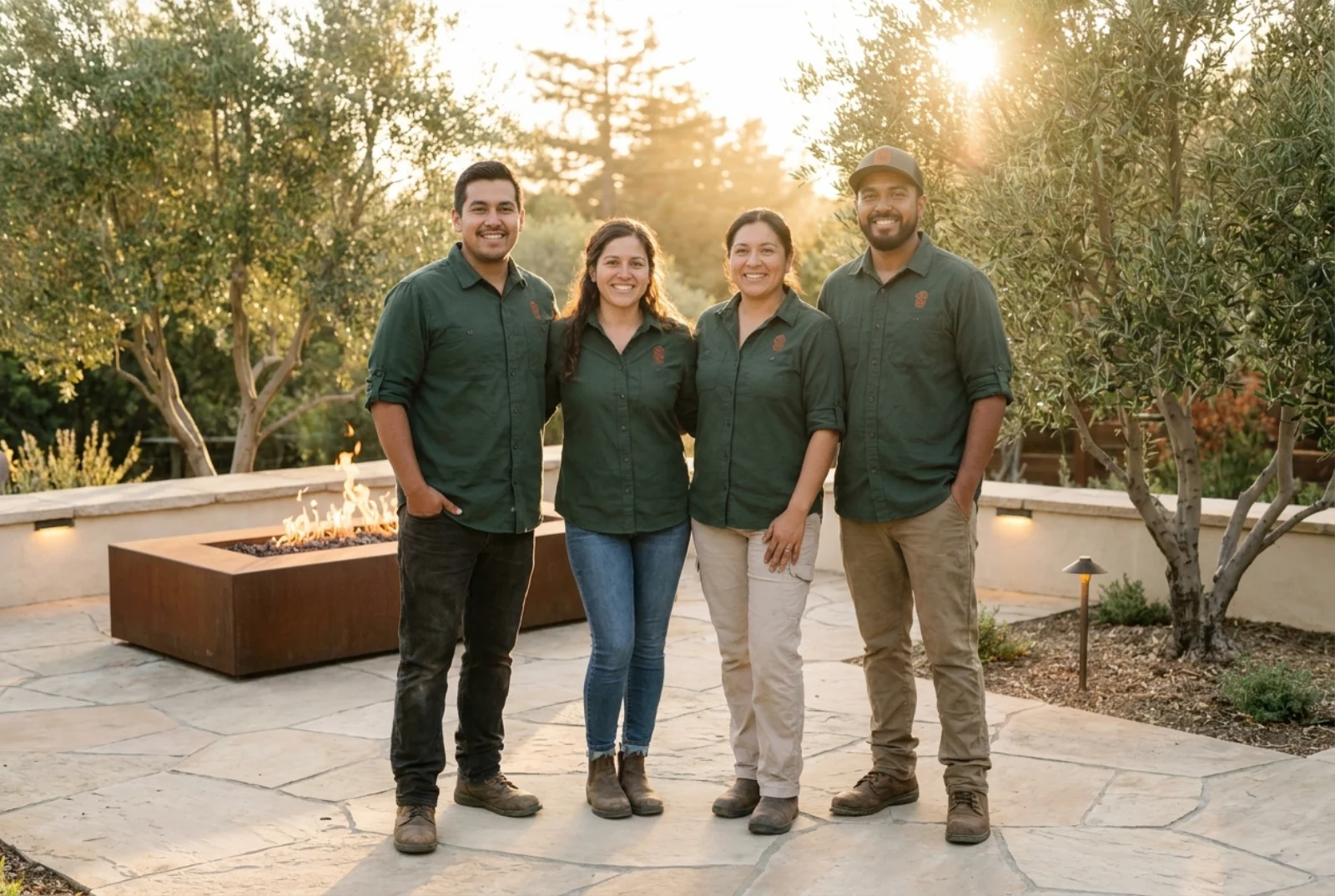 The DGS field crew in branded forest-green work shirts on a finished stone patio at golden hour