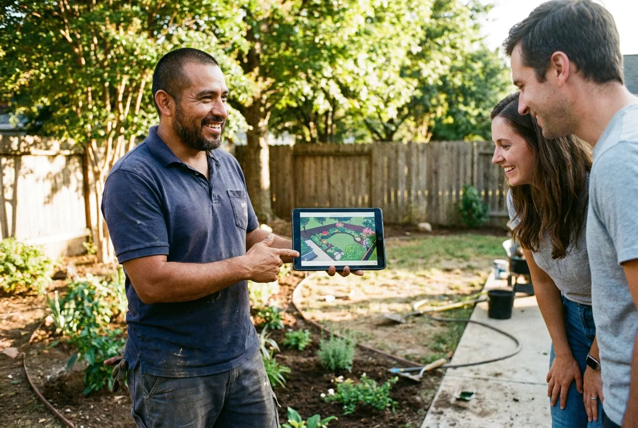 A DGS designer showing homeowners a landscape plan on a tablet in their backyard