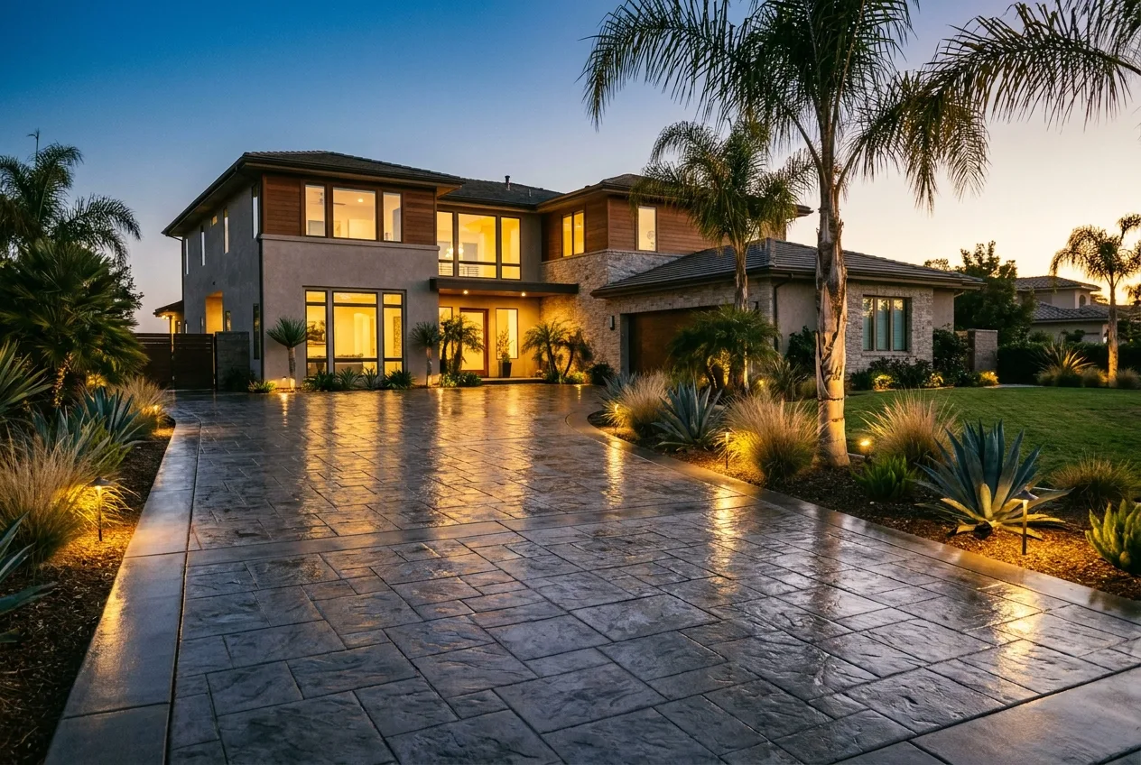 Stamped and sealed concrete driveway