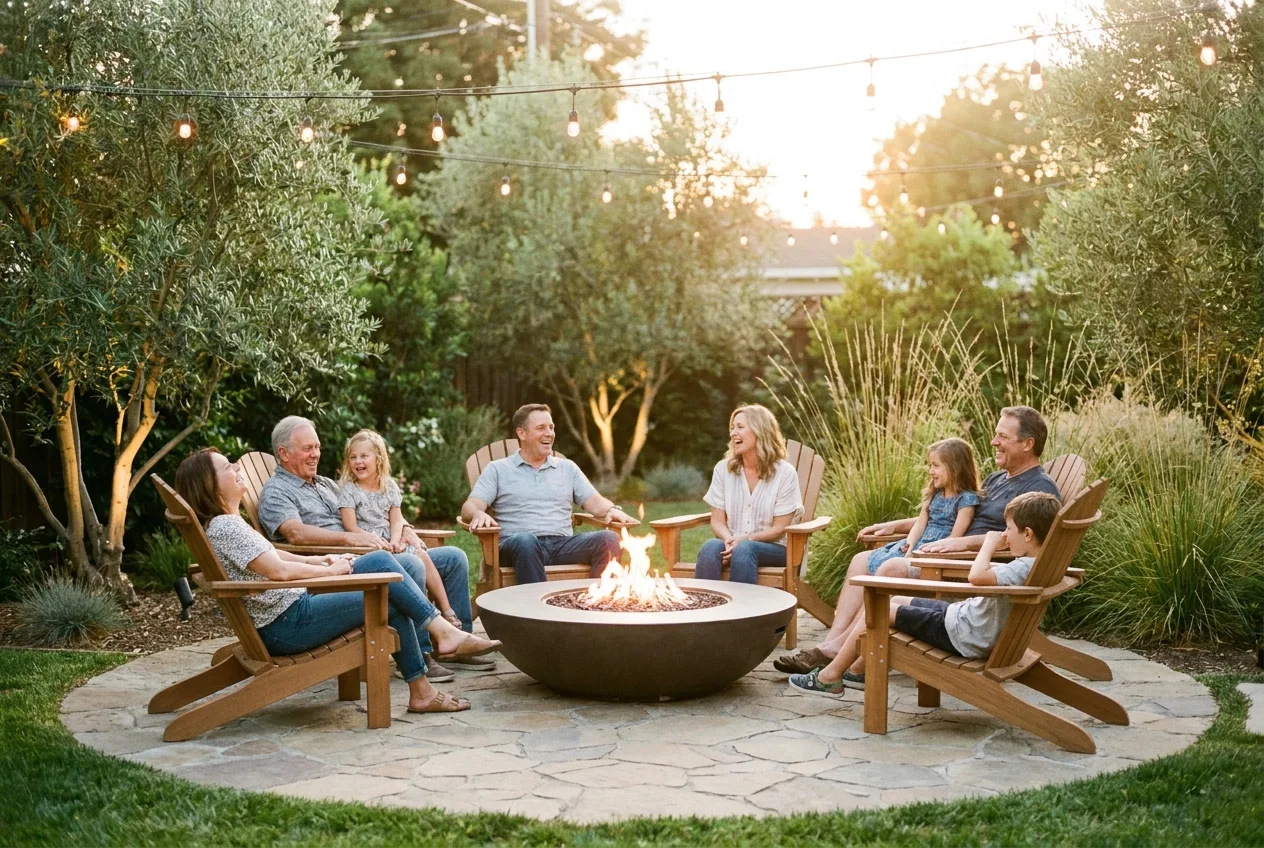Family gathered around a fire pit on a natural stone patio at golden hour