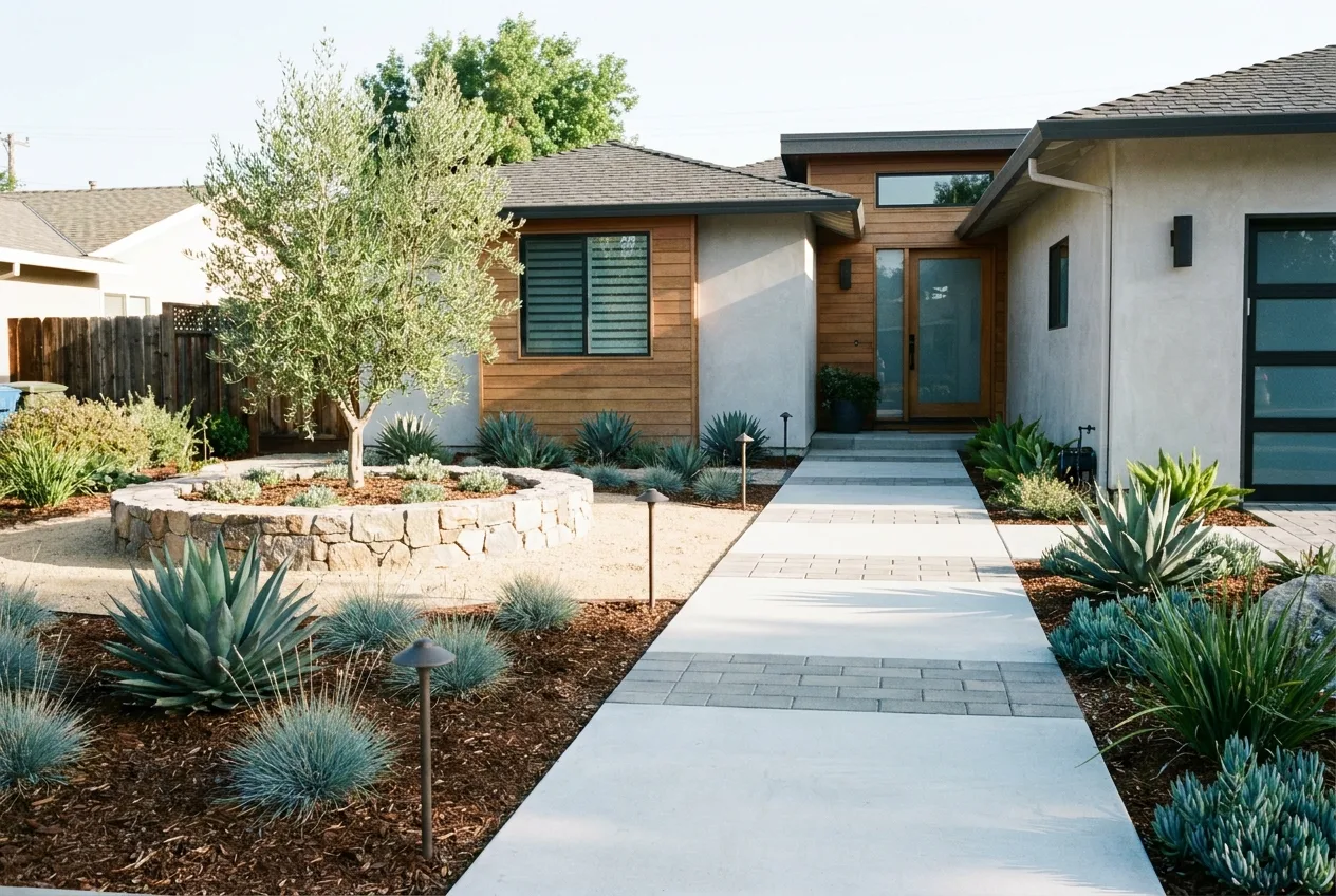 Modern drought-tolerant front yard with clean curb appeal