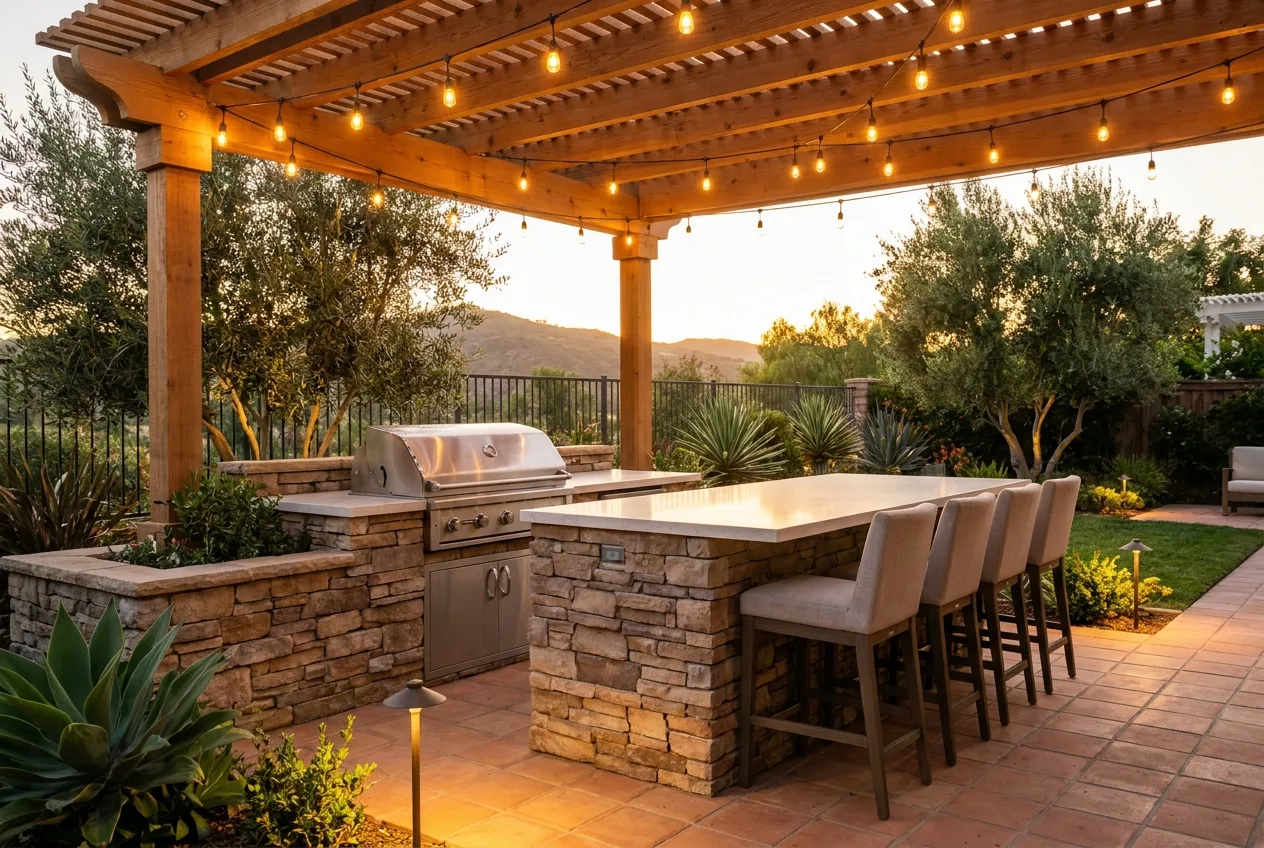 Built-in outdoor kitchen with pergola and string lights