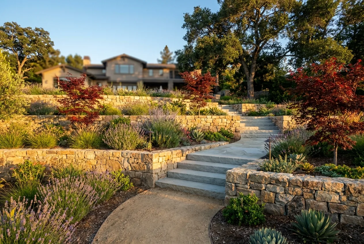 Terraced backyard with a natural stone retaining wall and tiered planting