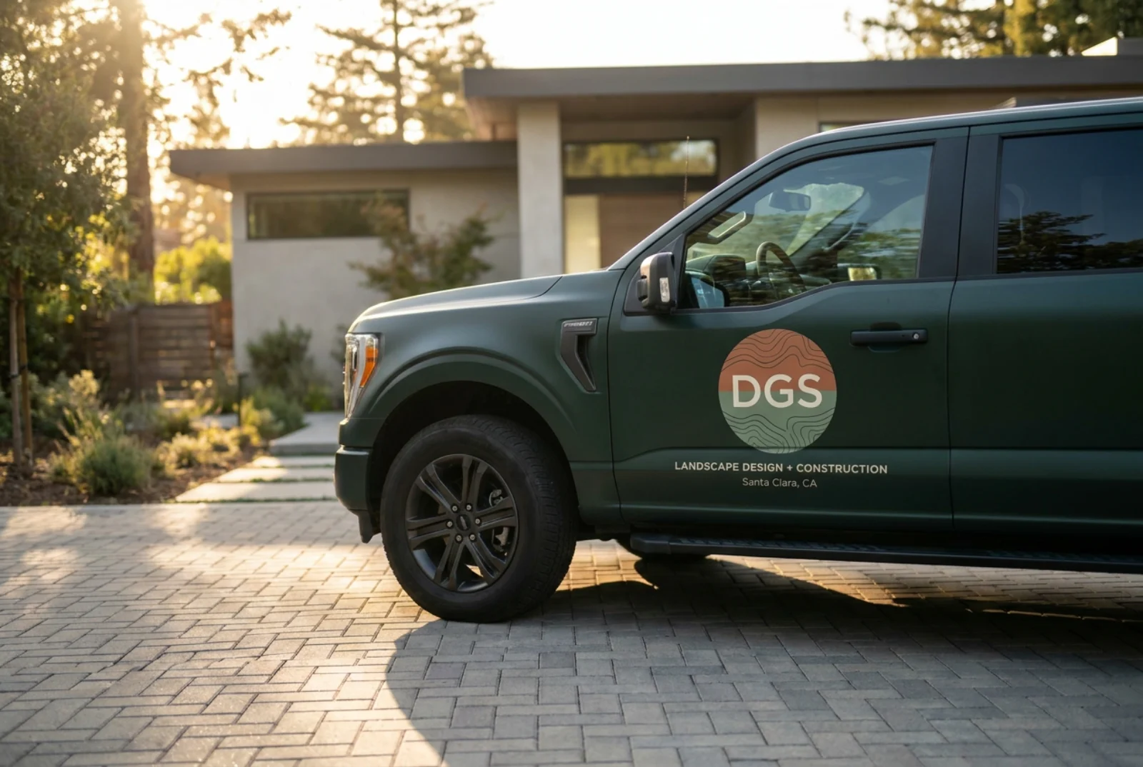 A DGS work truck with a forest-green wrap and the studio logo