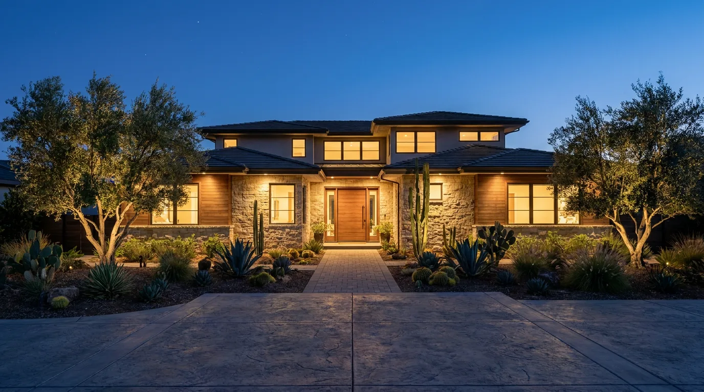 Upscale home at twilight with a new stamped driveway and lit landscaping