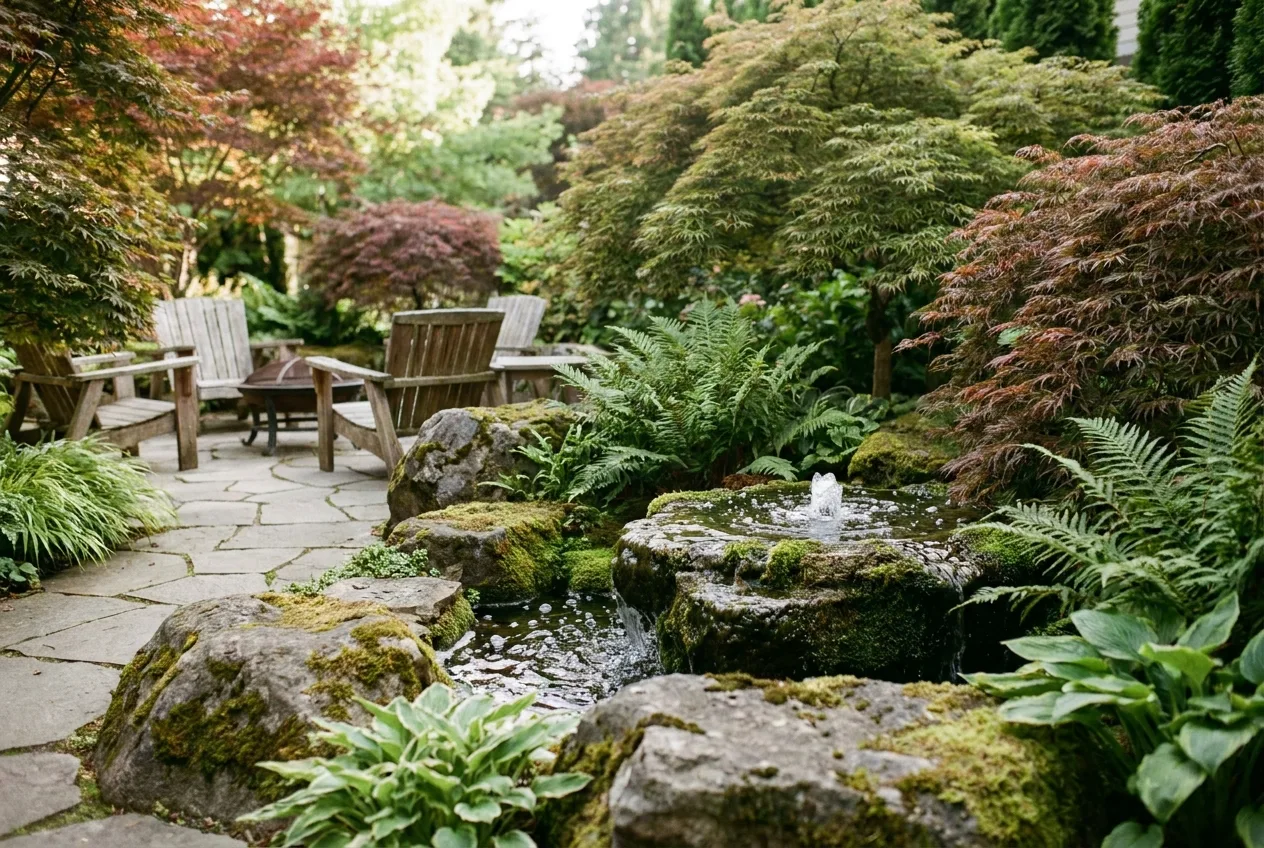 Custom stone water feature in a lush garden retreat